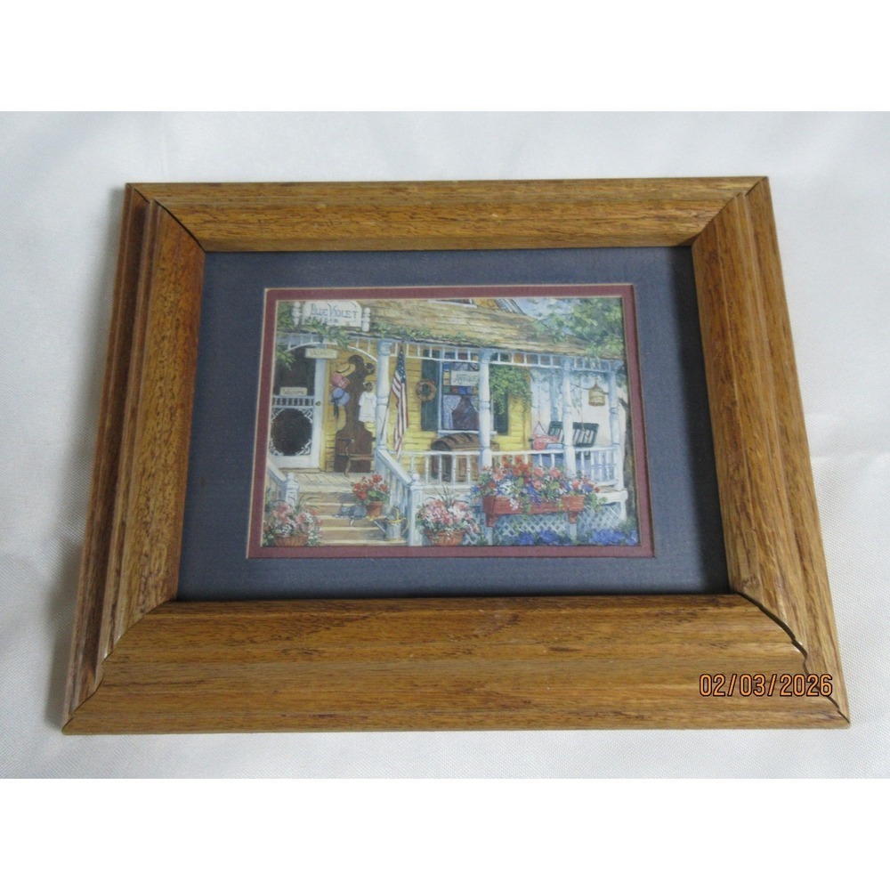 Vintage Framed Country Store Painting Americana Porch Flowers Rustic Decor